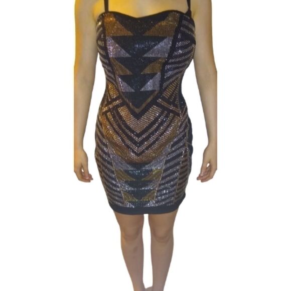 Crystal Doll Abstract Studded Strapless Bodycon Metallic Cocktail Dress - Picture 11 of 11